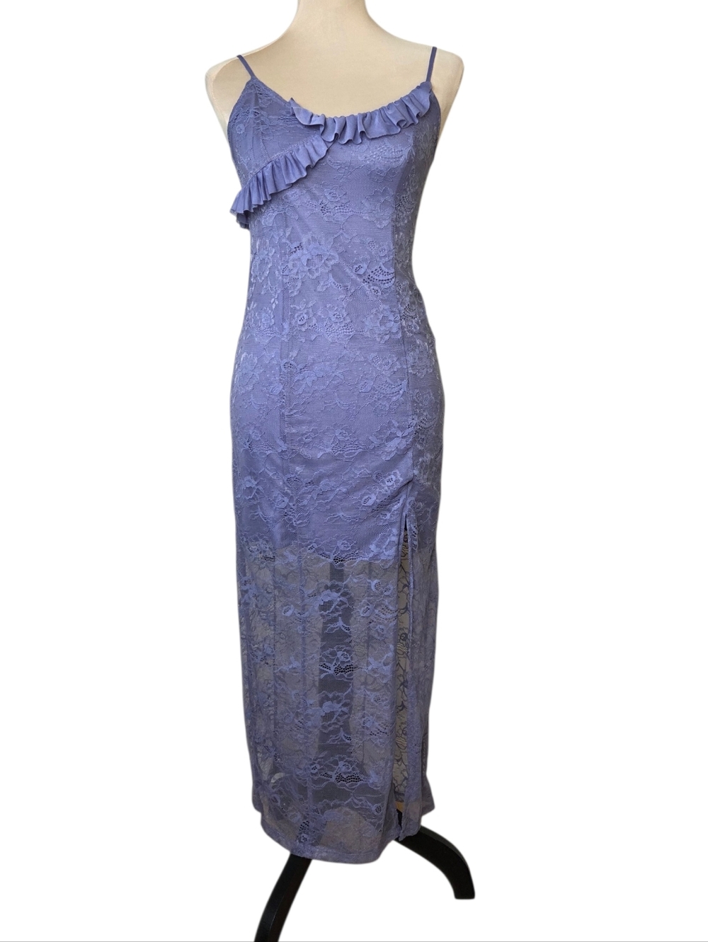 Forever 21 Lavender Lace Slip Dress Midi Maxi Ruffle Trim Slit Bodycon Sheer S